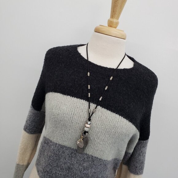 VICI Striped Longline Sweater Soft Knit Pullover Gray Black Beige Cozy Size L - Picture 6 of 16